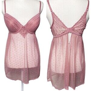 jessica simpson sz Large lingerie pushup baby doll Sequin mesh Top nightie pink